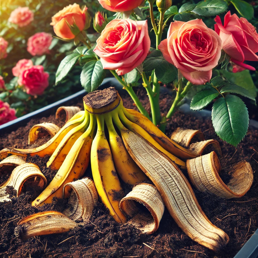 Rose bushes and banana peels